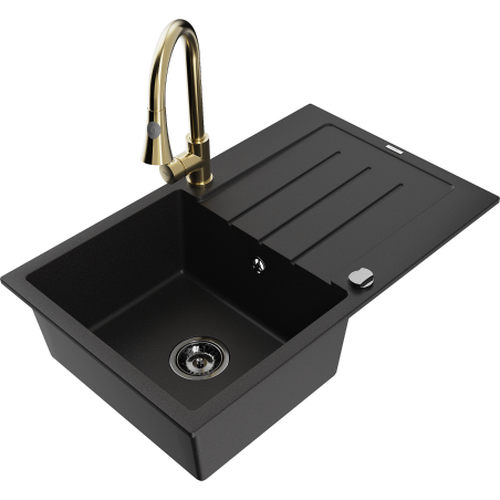 Mexen Bruno granīta izlietne ar vienu nodalījumu, notekas un virtuvves jaucējkrānu Elia, melna - 6513-77-670101-50-B