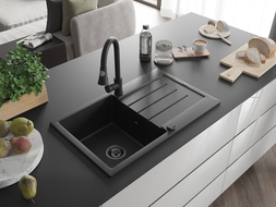 Mexen Bruno Granitspüle 1-Becken mit Abtropffläche und Küchenarmatur Elia, schwarz - 6513-77-670101-70-B
