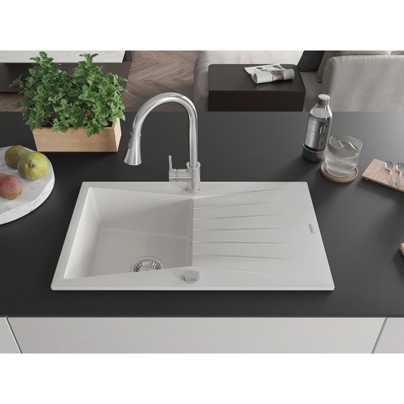 Mexen Cesar fregadero de granito de 1 tazón con escurridor y grifo de cocina Elia, blanco - 6514-20-670101-00