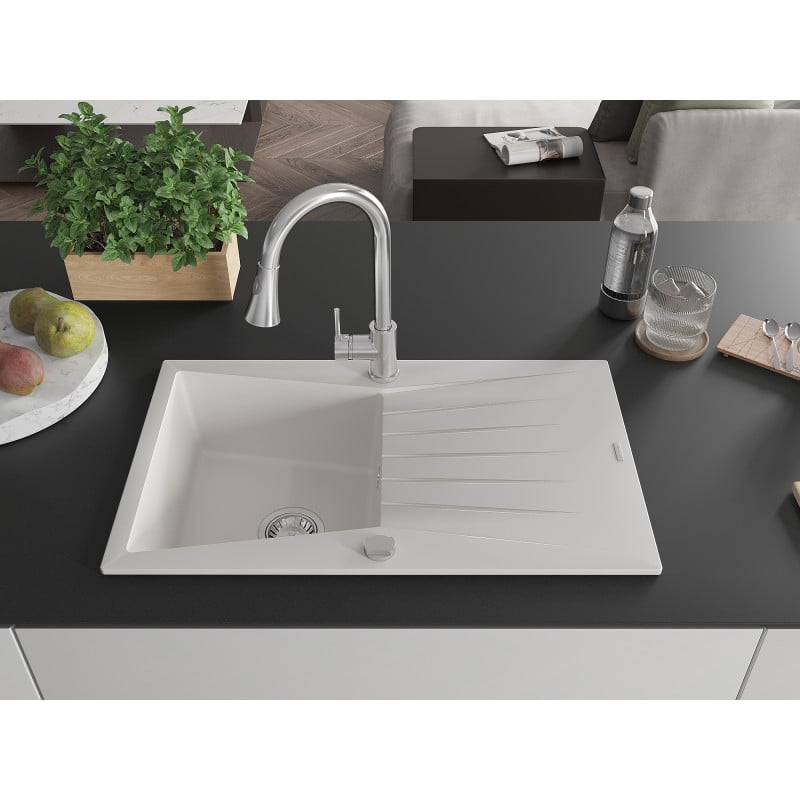 Mexen Cesar granitdiskho med 1 ho och avrinning samt köksblandare Elia, vit - 6514-20-670101-00