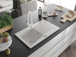 Mexen Cesar granite kitchen sink 1-bowl with drainer and Elia kitchen tap, white - 6514-20-670101-20