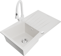 Mexen Cesar granite kitchen sink 1-bowl with drainer and Elia kitchen tap, white - 6514-20-670101-20
