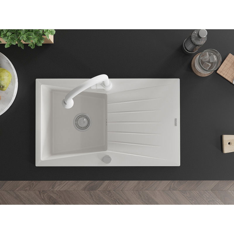 Mexen Cesar granite kitchen sink 1-bowl with drainer and Elia kitchen tap, white - 6514-20-670101-20