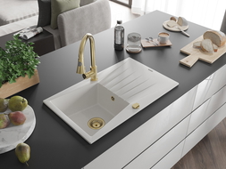 Mexen Cesar granite kitchen sink 1-bowl with drainer and Elia kitchen tap, white - 6514-20-670101-50