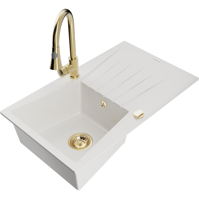 Mexen Cesar fregadero de granito de 1 cámara con escurridor y grifo de cocina Elia, blanco - 6514-20-670101-50