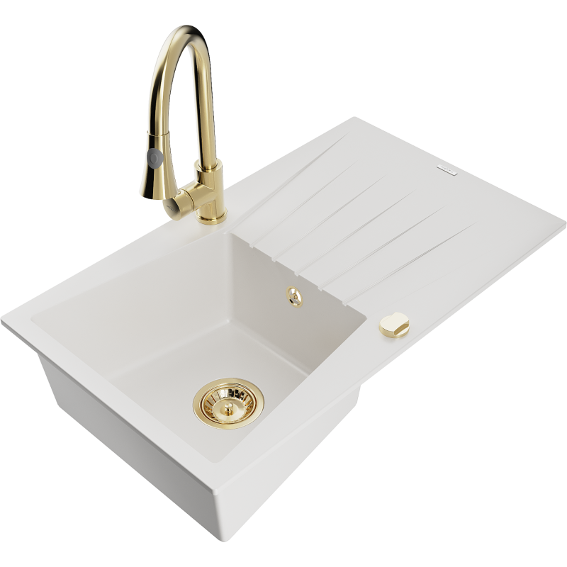 Mexen Cesar granite kitchen sink 1-bowl with drainer and Elia kitchen tap, white - 6514-20-670101-50