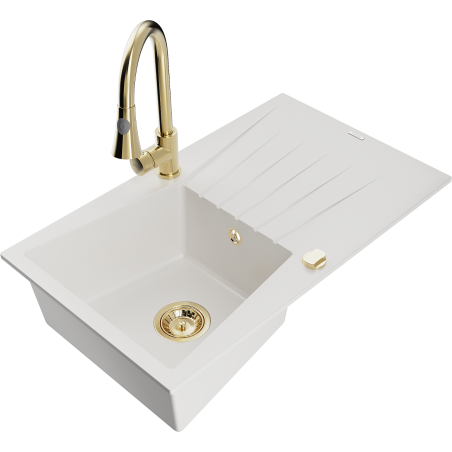 Mexen Cesar granite kitchen sink 1-bowl with drainer and Elia kitchen tap, white - 6514-20-670101-50