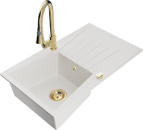Mexen Cesar 1-bowl granite sink with drainer and Elia kitchen faucet, white - 6514-20-670101-50