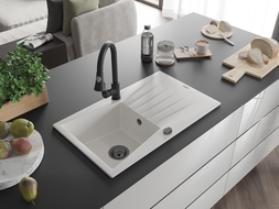 Mexen Cesar fregadero de granito de 1 seno con escurridor y grifo de cocina Elia, blanco - 6514-20-670101-70