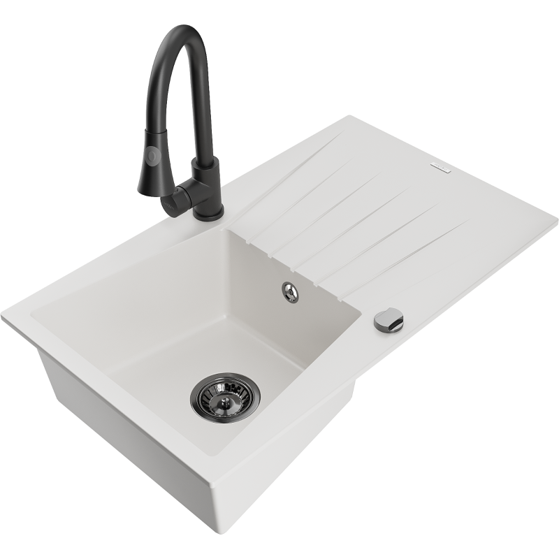Mexen Cesar fregadero de granito de 1 seno con escurridor y grifo de cocina Elia, blanco - 6514-20-670101-70