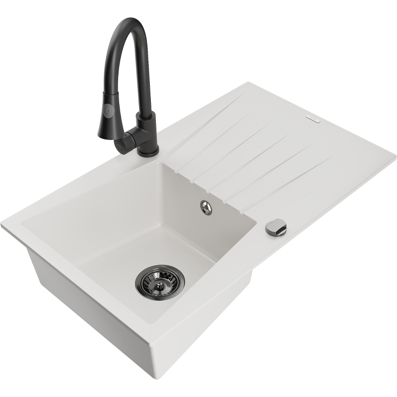 Mexen Cesar granitdiskho 1-fack med avrinningsbräda och köksblandare Elia, vit - 6514-20-670101-70