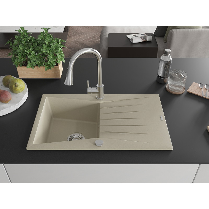 Mexen Cesar granit gootsteen 1-komor met afdruiprek en keukenmengkraan Elia, beige - 6514-69-670101-00