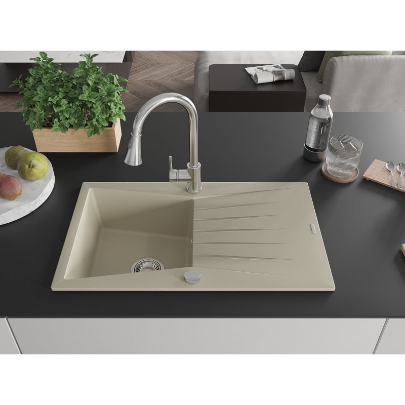 Mexen Cesar granite kitchen sink 1-bowl with drainer and Elia kitchen faucet, beige - 6514-69-670101-00