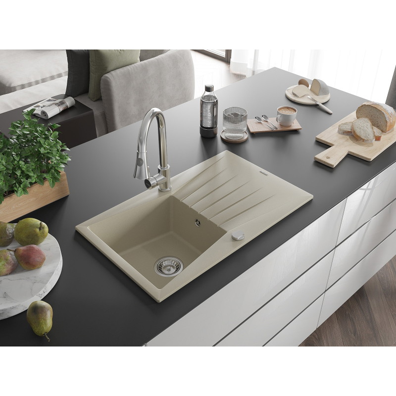Mexen Cesar Évier en granit 1 bac avec égouttoir et robinet de cuisine Elia, beige - 6514-69-670101-00