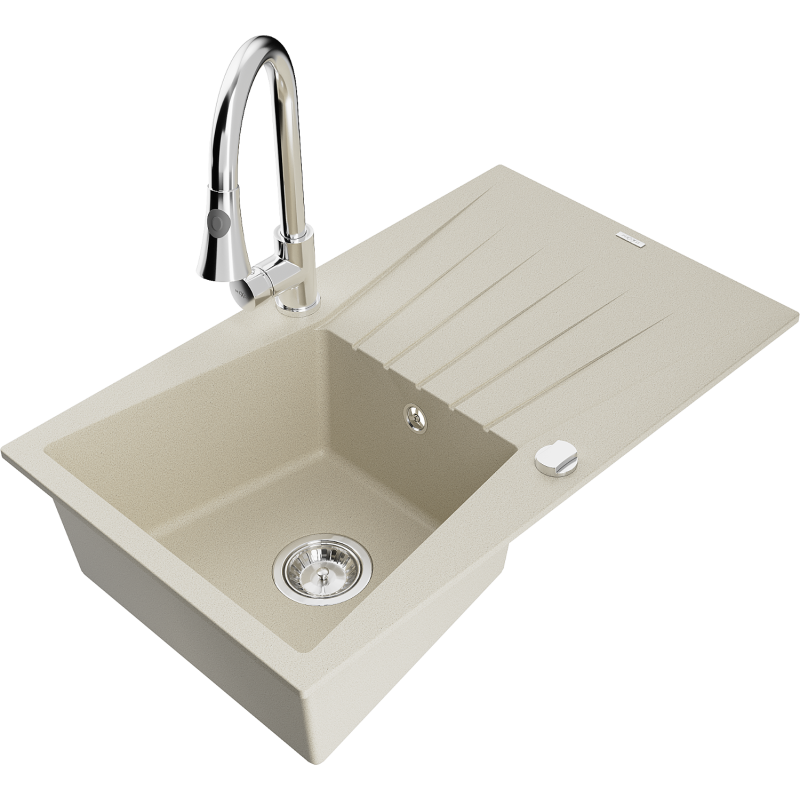 Mexen Cesar 1-allas graniittinen tiskiallas kuivaustasolla ja Elia-keittiöhana, beige - 6514-69-670101-00