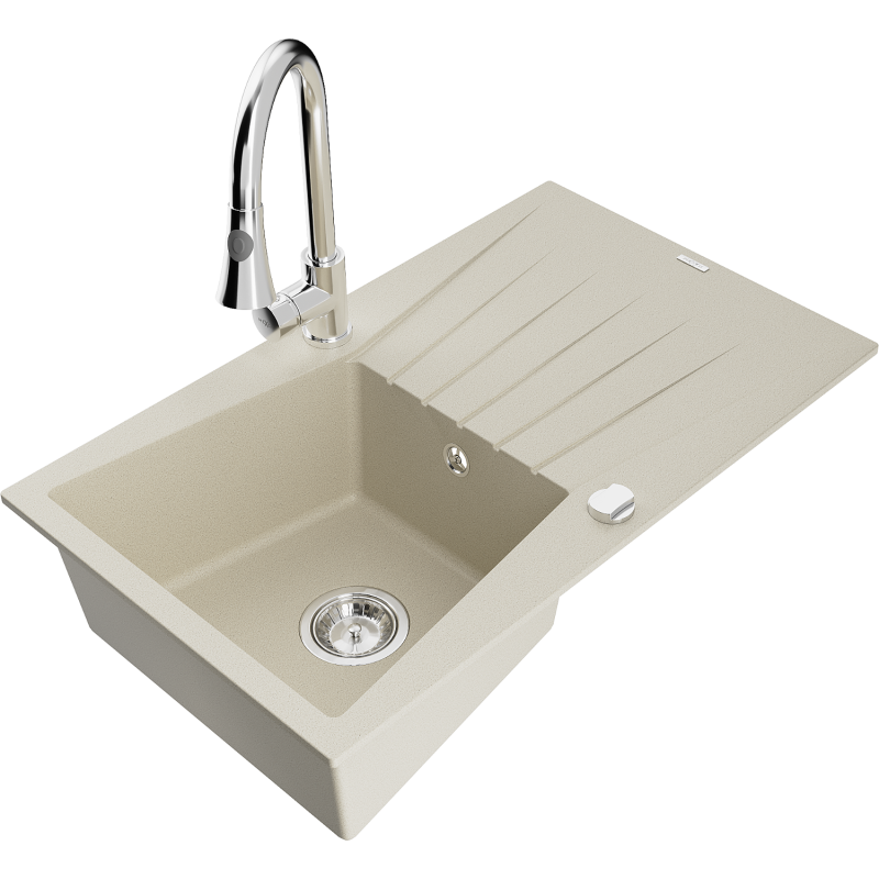 Mexen Cesar lavello in granito a 1 vasca con sgocciolatoio e rubinetto da cucina Elia, beige - 6514-69-670101-00