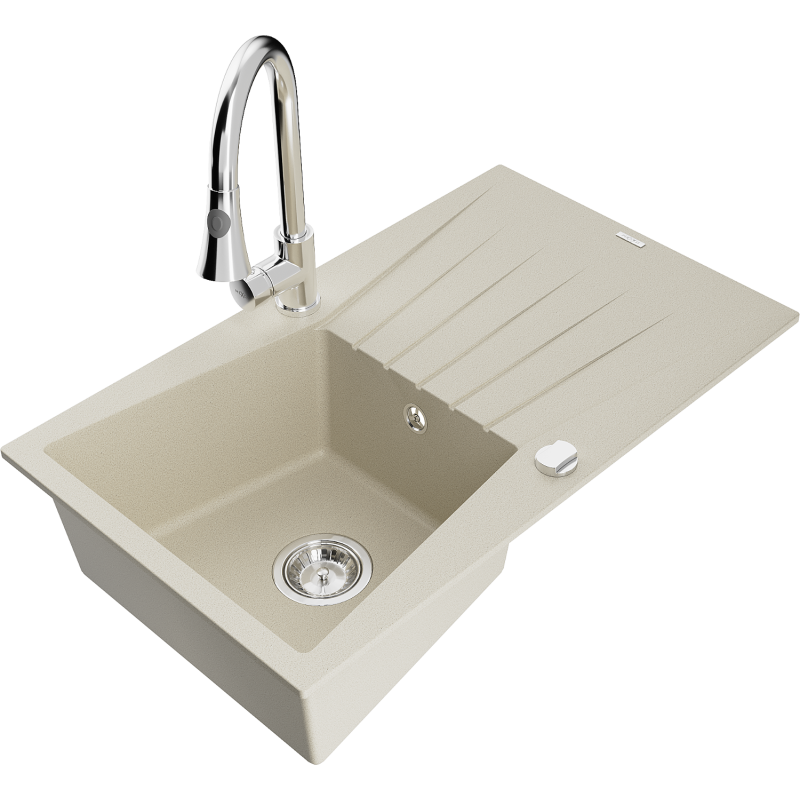 Mexen Cesar one-bowl granite sink with drainer and Elia kitchen tap, beige - 6514-69-670101-00