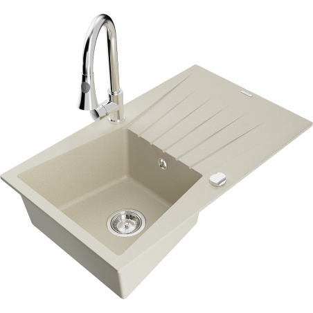 Mexen Cesar évier en granit 1 bac avec égouttoir et mitigeur de cuisine Elia, beige - 6514-69-670101-00