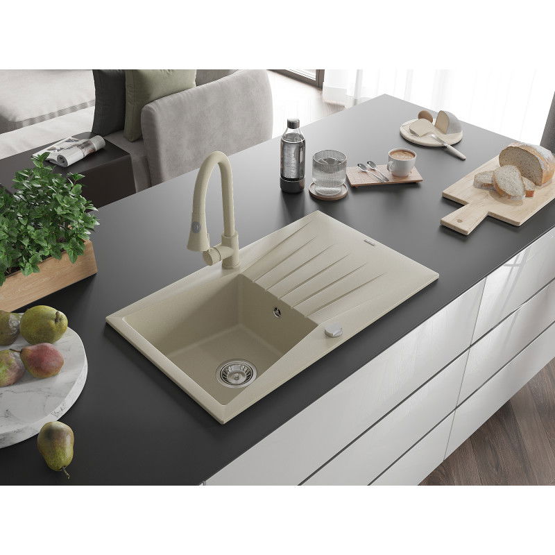 Mexen Cesar lavello in granito ad 1 vasca con scolapiatti e rubinetto da cucina Elia, beige - 6514-69-670101-69