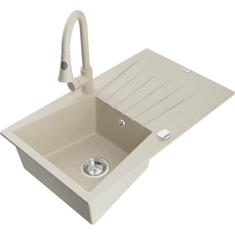 Mexen Cesar fregadero de granito de 1 cubeta con escurridor y grifo de cocina Elia, beige - 6514-69-670101-69