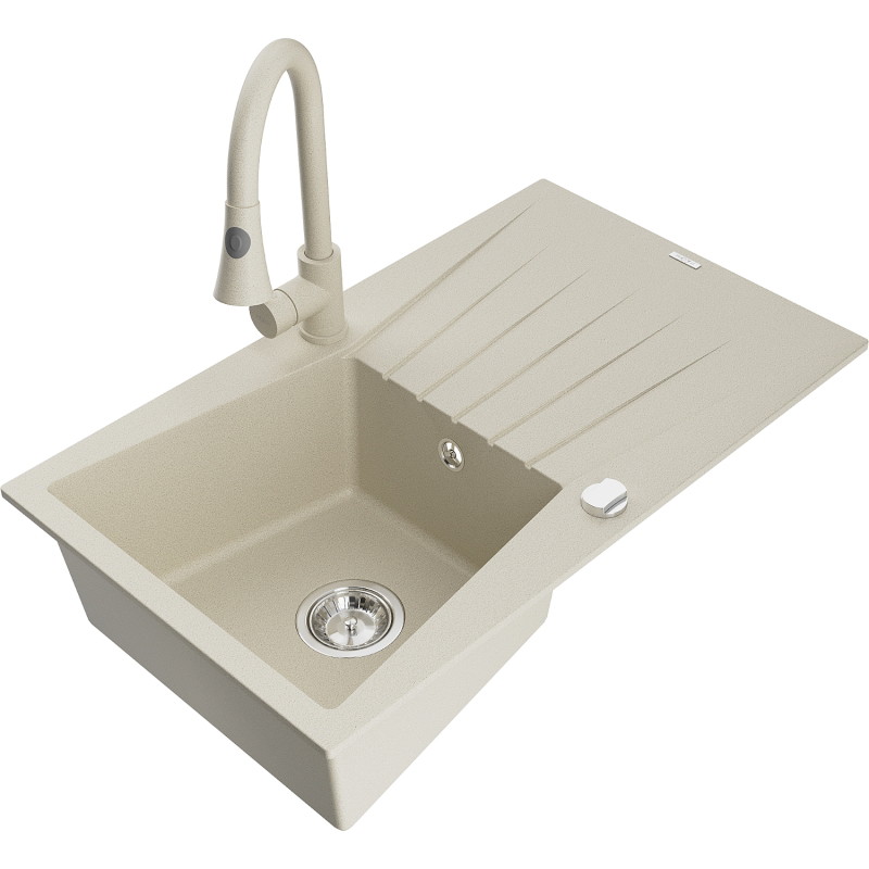 Mexen Cesar fregadero de granito de 1 seno con escurridor y grifo de cocina Elia, beige - 6514-69-670101-69