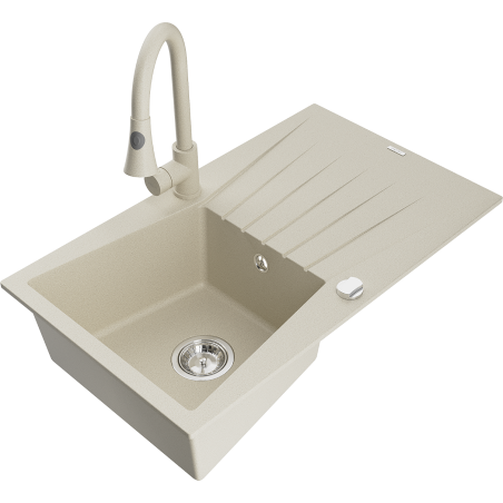 Mexen Cesar 1-bowl granite sink with drainer and Elia kitchen tap, beige - 6514-69-670101-69