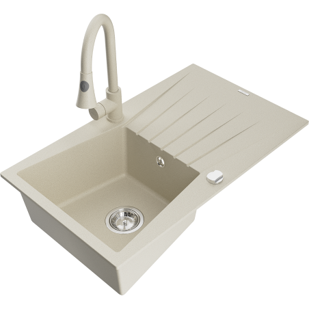 Mexen Cesar 1-kameras granīta izlietne ar žāvētāju un Elia virtuves jaucējkrānu, bēša - 6514-69-670101-69