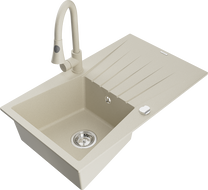 Mexen Cesar 1-bowl granite sink with drainer and Elia kitchen faucet, beige - 6514-69-670101-69