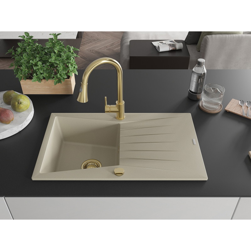 Mexen Cesar Granitspüle 1-beckig mit Abtropffläche und Küchenarmatur Elia, beige - 6514-69-670101-50