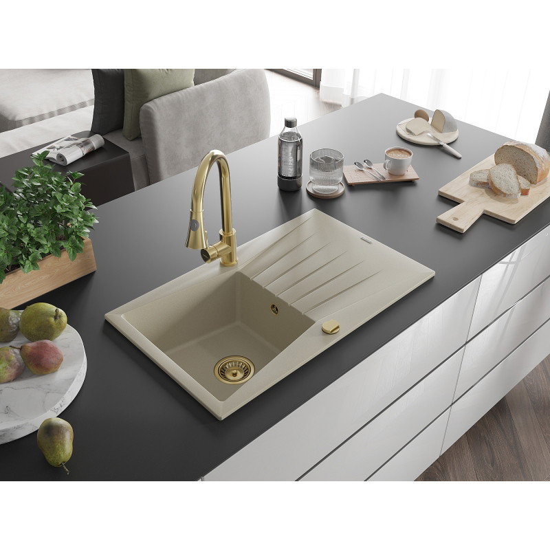 Mexen Cesar évier granit 1 bac avec égouttoir et robinet de cuisine Elia, beige - 6514-69-670101-50