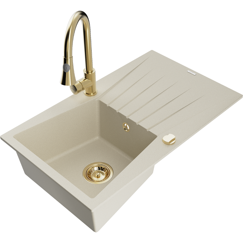 Mexen Cesar fregadero de granito de 1 cubeta con escurridor y grifo de cocina Elia, beige - 6514-69-670101-50