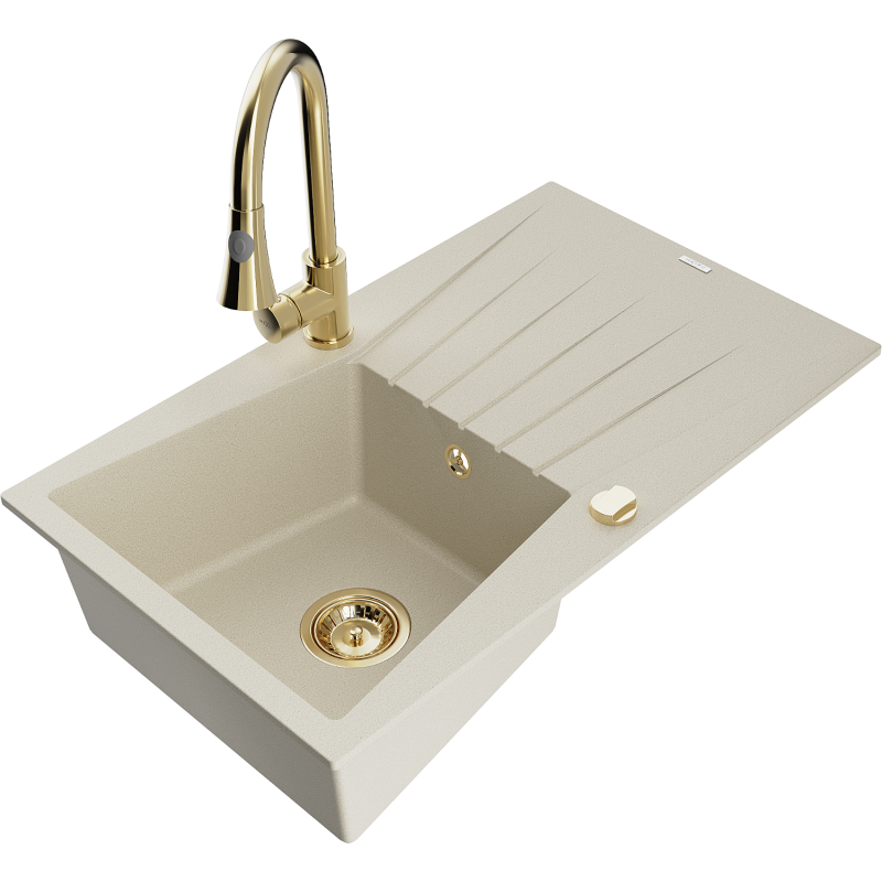 Mexen Cesar granieten gootsteen 1-komorige met afdruiprek en keukenkraan Elia, beige - 6514-69-670101-50
