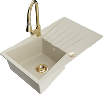 Mexen Cesar granieten gootsteen 1-komorige met afdruiprek en keukenkraan Elia, beige - 6514-69-670101-50