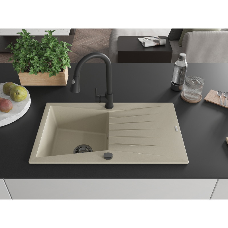 Mexen Cesar fregadero de granito de 1 cubeta con escurridor y grifo de cocina Elia, beige - 6514-69-670101-70