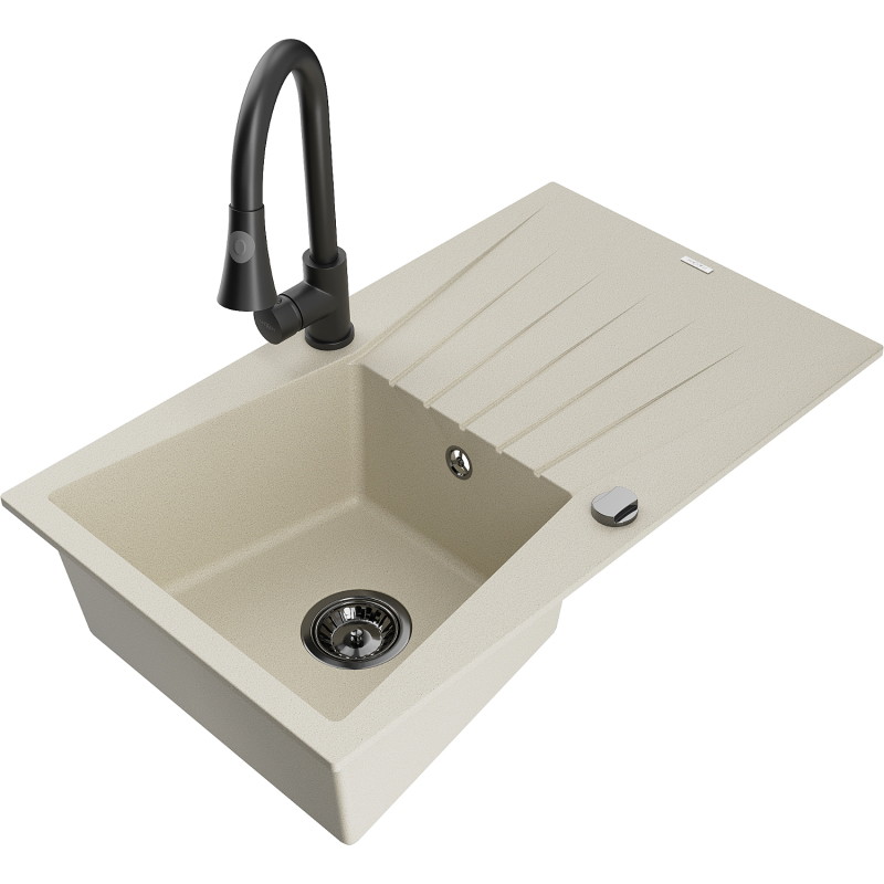 Mexen Cesar fregadero de granito de 1 cubeta con escurridor y grifo de cocina Elia, beige - 6514-69-670101-70