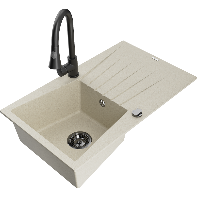 Mexen Cesar granieten spoelbak met 1 bak met afdruiprek en Elia keukenkraan, beige - 6514-69-670101-70