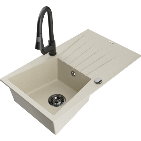 Mexen Cesar Granitspüle 1-Becken mit Abtropffläche und Küchenarmatur Elia, beige - 6514-69-670101-70
