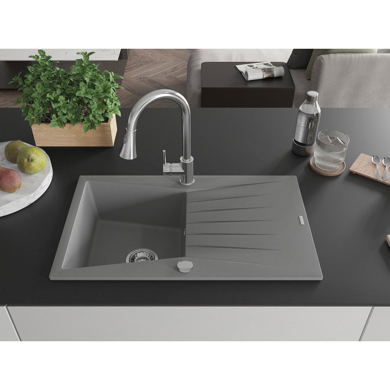 Mexen Cesar granite sink 1-bowl with drainer and Elia kitchen tap, grey - 6514-71-670101-00