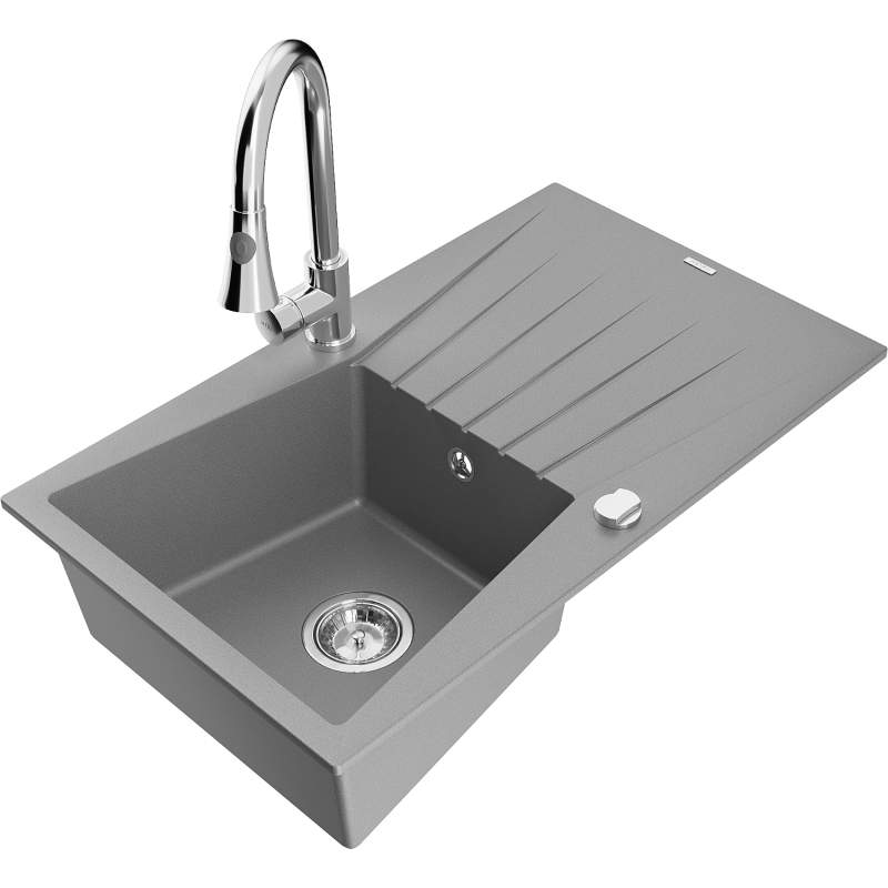 Mexen Cesar lava-louça de granito de 1-tina com escorredor e torneira de cozinha Elia, cinza - 6514-71-670101-00