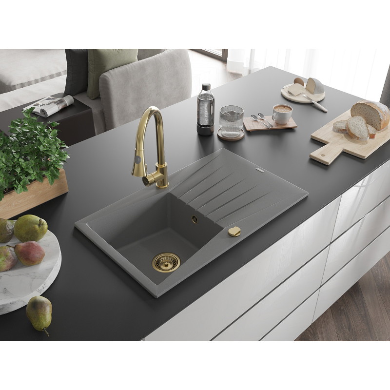 Mexen Cesar fregadero de granito de 1 tazón con escurridor y grifo de cocina Elia, gris - 6514-71-670101-50