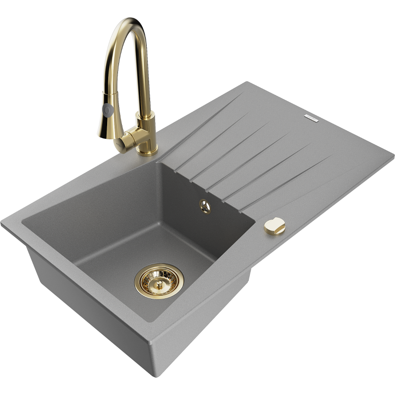 Mexen Cesar fregadero de granito de 1 cubeta con escurridor y grifo de cocina Elia, gris - 6514-71-670101-50