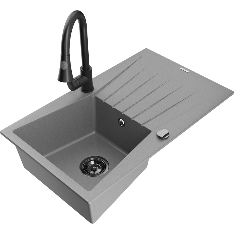 Mexen Cesar fregadero de granito de 1 cubeta con escurridor y grifo de cocina Elia, gris - 6514-71-670101-70-B