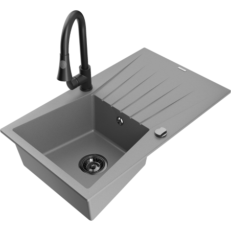 Mexen Cesar 1-bowl granite sink with drainer and Elia kitchen tap, grey - 6514-71-670101-70-B