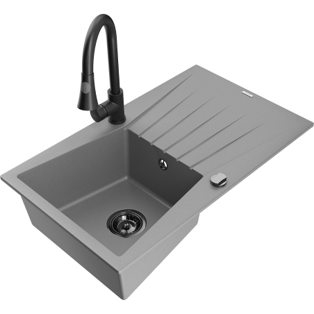 Mexen Cesar fregadero de granito de 1 cubeta con escurridor y grifo de cocina Elia, gris - 6514-71-670101-70-B