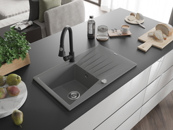 Mexen Cesar fregadero de granito de 1 compartimento con escurridor y grifo de cocina Elia, gris - 6514-71-670101-70