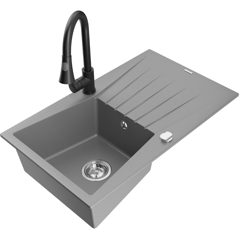 Mexen Cesar fregadero de granito de 1 compartimento con escurridor y grifo de cocina Elia, gris - 6514-71-670101-70