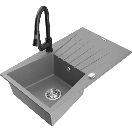 Mexen Cesar 1-bowl granite sink with drainer and Elia kitchen tap, grey - 6514-71-670101-70