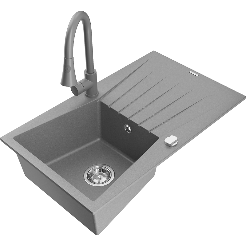 Mexen Cesar lava-loiça de granito com 1 cuba e escorredor e torneira de cozinha Elia, cinza - 6514-71-670101-71