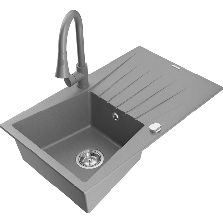 Mexen Cesar granite kitchen sink 1-bowl with drainer and Elia kitchen faucet, gray - 6514-71-670101-71