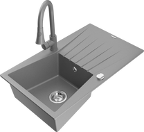 Mexen Cesar granite kitchen sink 1-bowl with drainer and Elia kitchen faucet, gray - 6514-71-670101-71